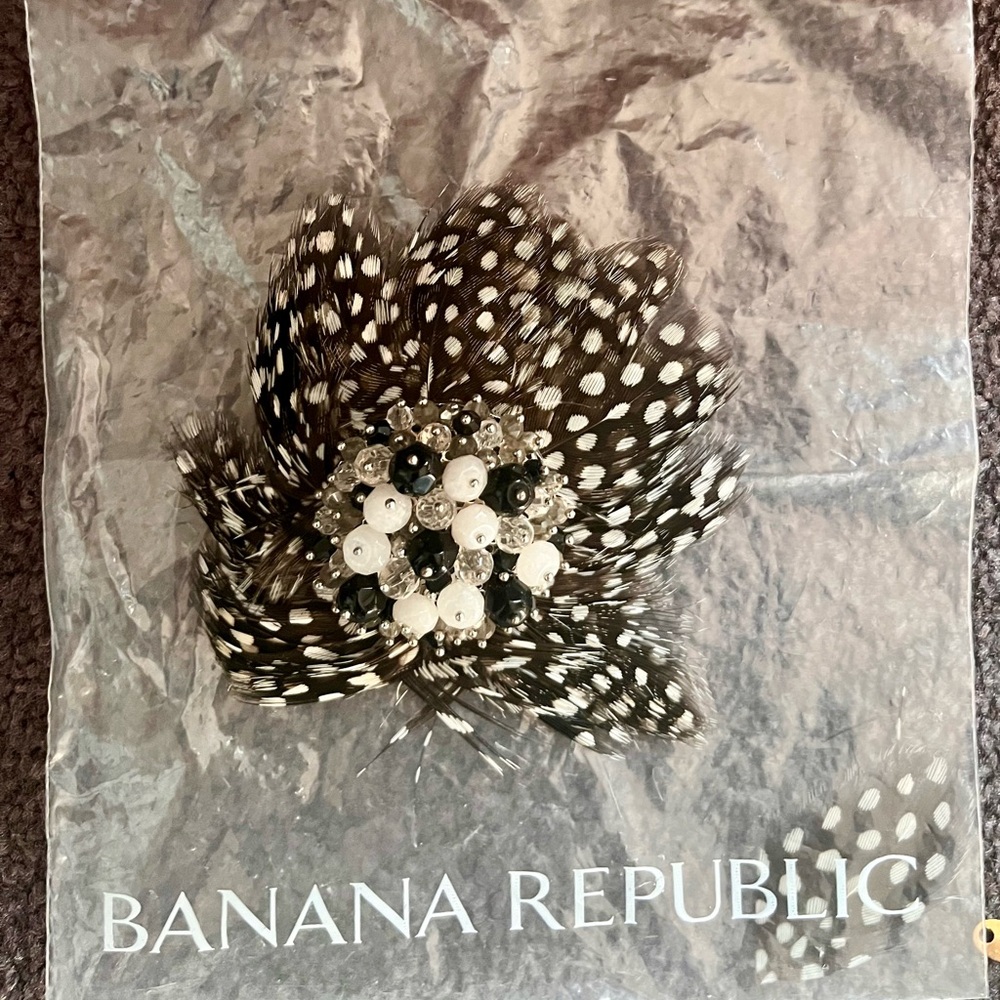 Vintage “Banana Republic” Black & White Feather Brooch with Beaded Accents - New